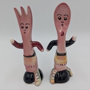 Vintage Anthropomorphic Salt Pepper Shakers Fork Spoon Pink Black Japan 1950 MCM